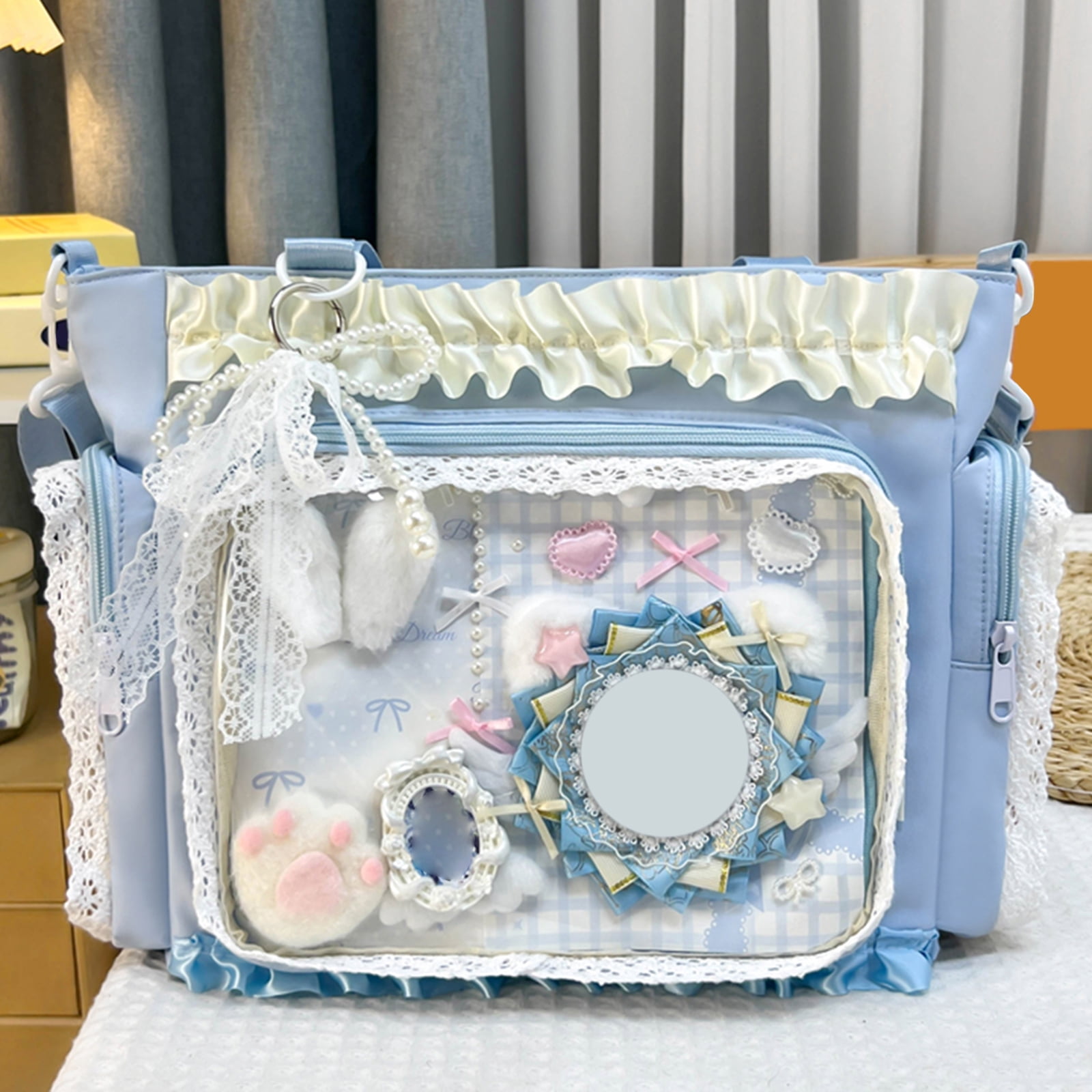 Women Transparent Square Ita Bag with Pin Display DIY Badge Crossbody Bag W/ Zipper & Pendant for Shopping Travel Work Daily Use (Blue)