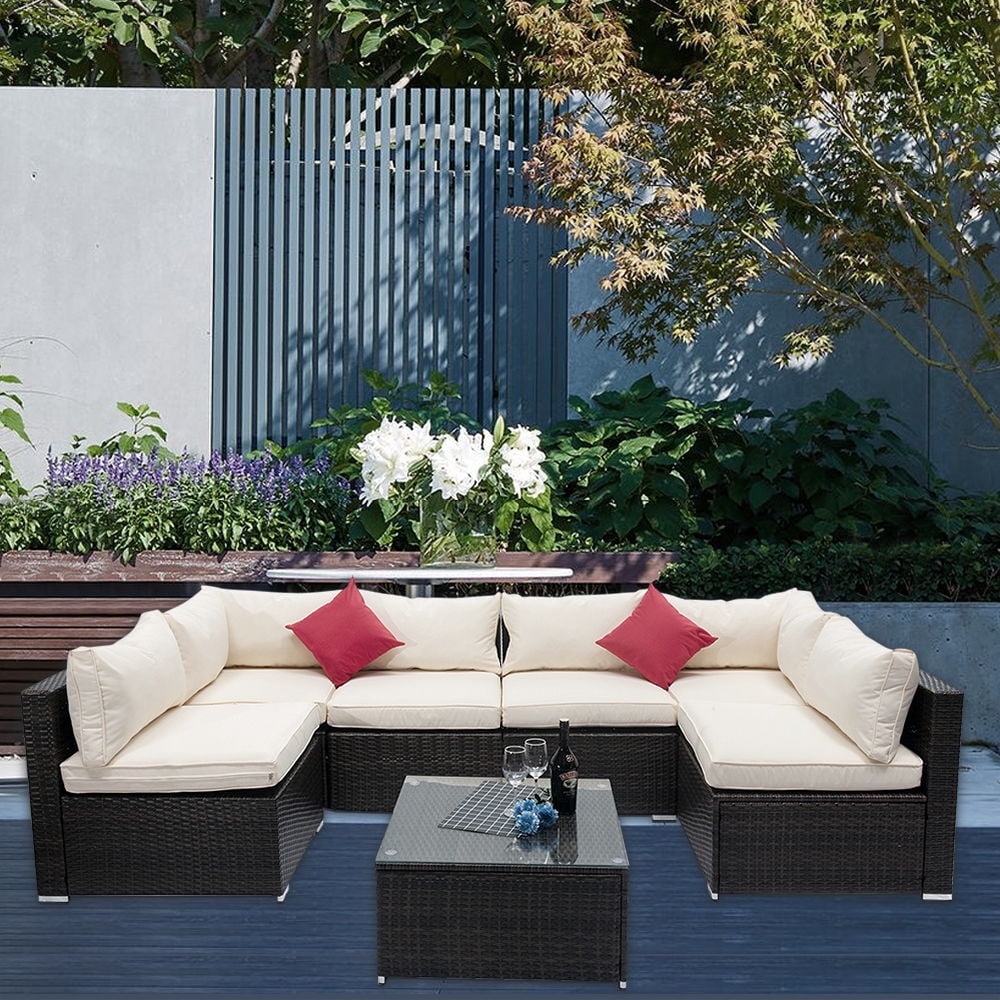 Kepooman Outdoor Garden Modular Patio Rattan Sofa Lounge Set for Home Patio, Set of 7, Beige Kepooman Outdoor Garden Modular Patio Rattan Sofa Lounge Set for Home Patio, Set of 7, Beige