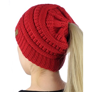 C.C BeanieTail Tribal Mix Soft Stretch Cable Knit Messy Bun Ponytail Beanie – Women's