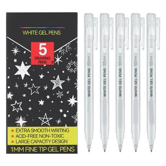 White Gel Pens, 5 Pack, 1 mm Extra Fine Point Gel Ink Pen, Opaque Archival Ink Pens for Black Paper Drawing, Art Highlight, Sketching, Illustration, Card Making
