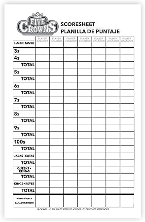 Five Crowns Scorepad 130 Score Sheets Double Sided Points Reference French English Spanish Track 7 Players at Once for Ages 8+