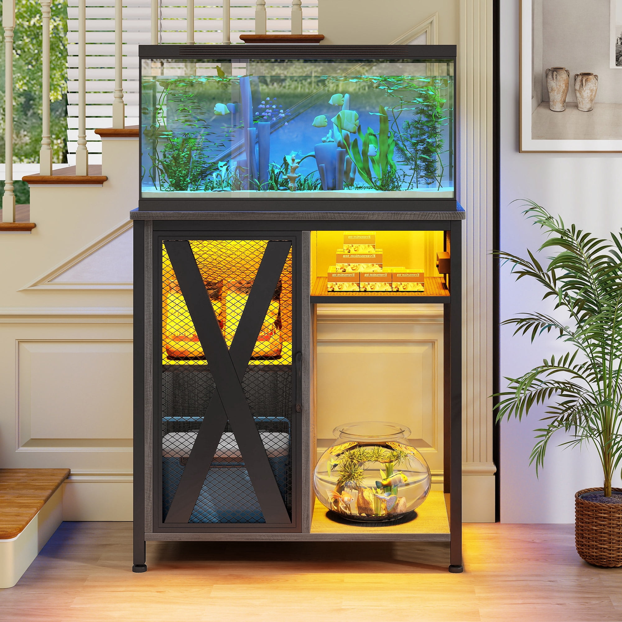 Uforic Aquarium Stand with Power Outlets & LED Light and Cabinet for 20-30 Gallon Fish Tank Stand, Turtle Tank, Reptile Terrarium - Gray