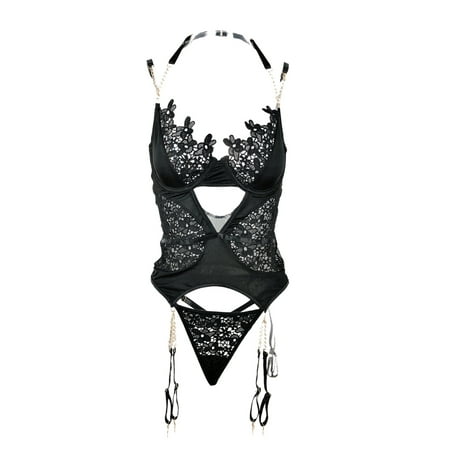 

Eyicmarn Women Sexy Two-piece Lingerie Set Solid Color Hollow Out Underwear and Panties Blue/ Black