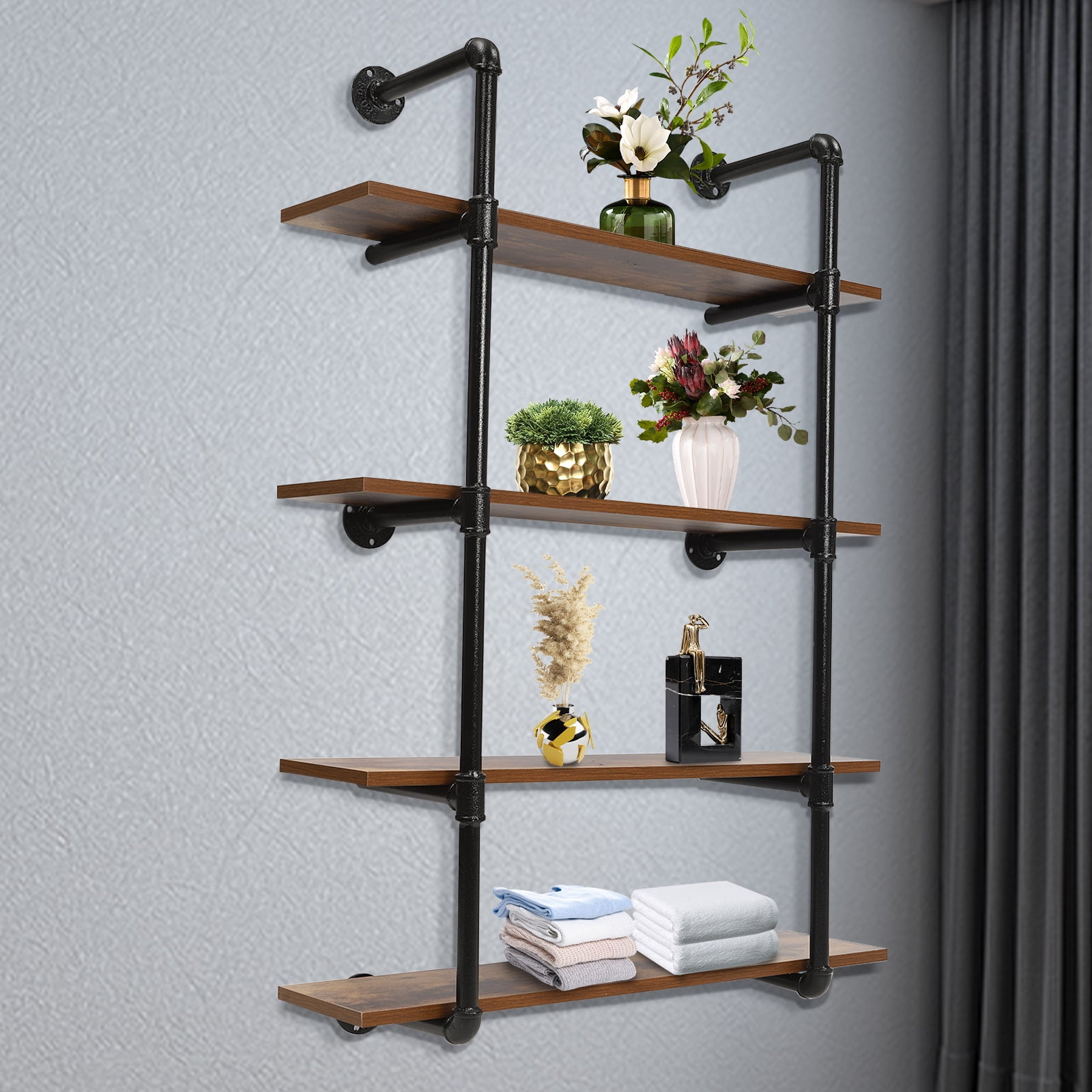 Industrial Pipe Shelving Wall Mounted 4 Tiers Metal Floating Shelves Home Office Real Wood Book Shelves