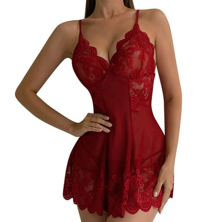 

fvwitlyh Pajamas plus Size Women Fashion Floral Lace Cover Up Suit Scallop Trim Slip With Thong plus Size Pajamas under 10
