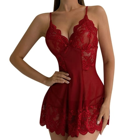 

Pimfylm Naughty Lingerie For Women Lace Lingerie Mini Chemise Mesh Wedding Nightie Bridal Nightdress Red M