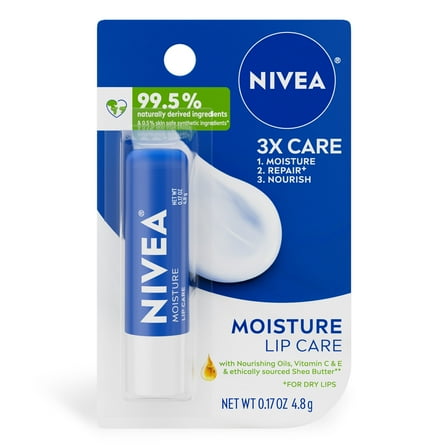NIVEA Moisture Lip Care, Hydrating Lip Balm with Shea Butter, Vitamin C & E, 0.17 oz