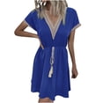 thumbnail image 2 of Wycnly Womens Dresses Party Prom Elegant Lace Patchwork Elastic Waist Swing Mini Dresses with Tassel Summer Solid V-Neck Short Sleeve Formal Short Dress Blue XXL, 2 of 6
