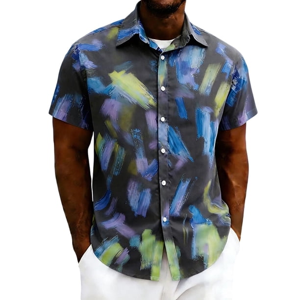 Mens Casual Manga Corta Botón Abajo Camisas Cuello Abierto Impreso Vacaciones de Verano, Camisas de Manga Corta de los Hombres Casual