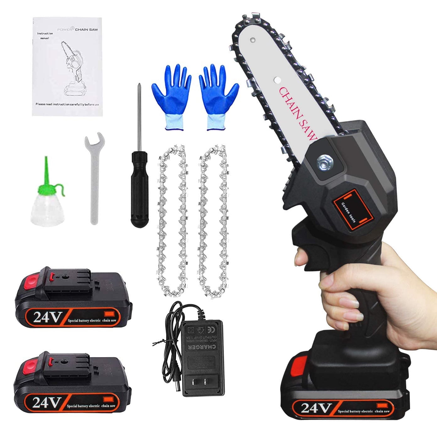 4 Inch Cordless Electric Chainsaw with Brushless 1-Piece Battery Chain Motor Mini Electric Chainsaw 0.7 kg Lightweight One-Hand Chainsaw with Loppers for Cutting Branches