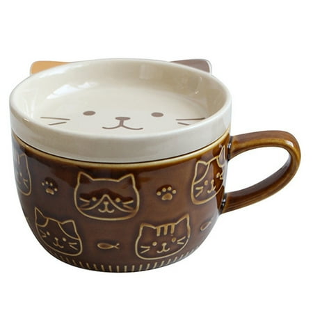 

Ceramic Coffee Mugs with Lid Cute Porcelain Cup Family Breakfast Milk Cup Beverage(Brown)