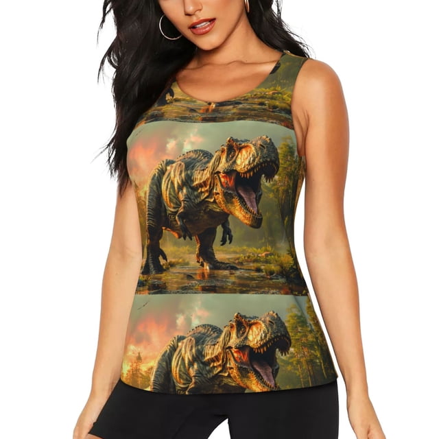 Balery Realistic Style Forest Dinosaur Camiseta sin mangas estampada ligera para mujer, tops de entrenamiento sin mangas, camisetas de yoga transpirables de secado rápido.-Medium