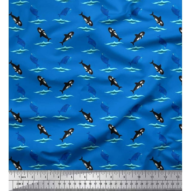 Soimoi Poly Georgette Fabric Waves,Whale & Dolphin Ocean Print Sewing Fabric Yard 42 Inch Wide