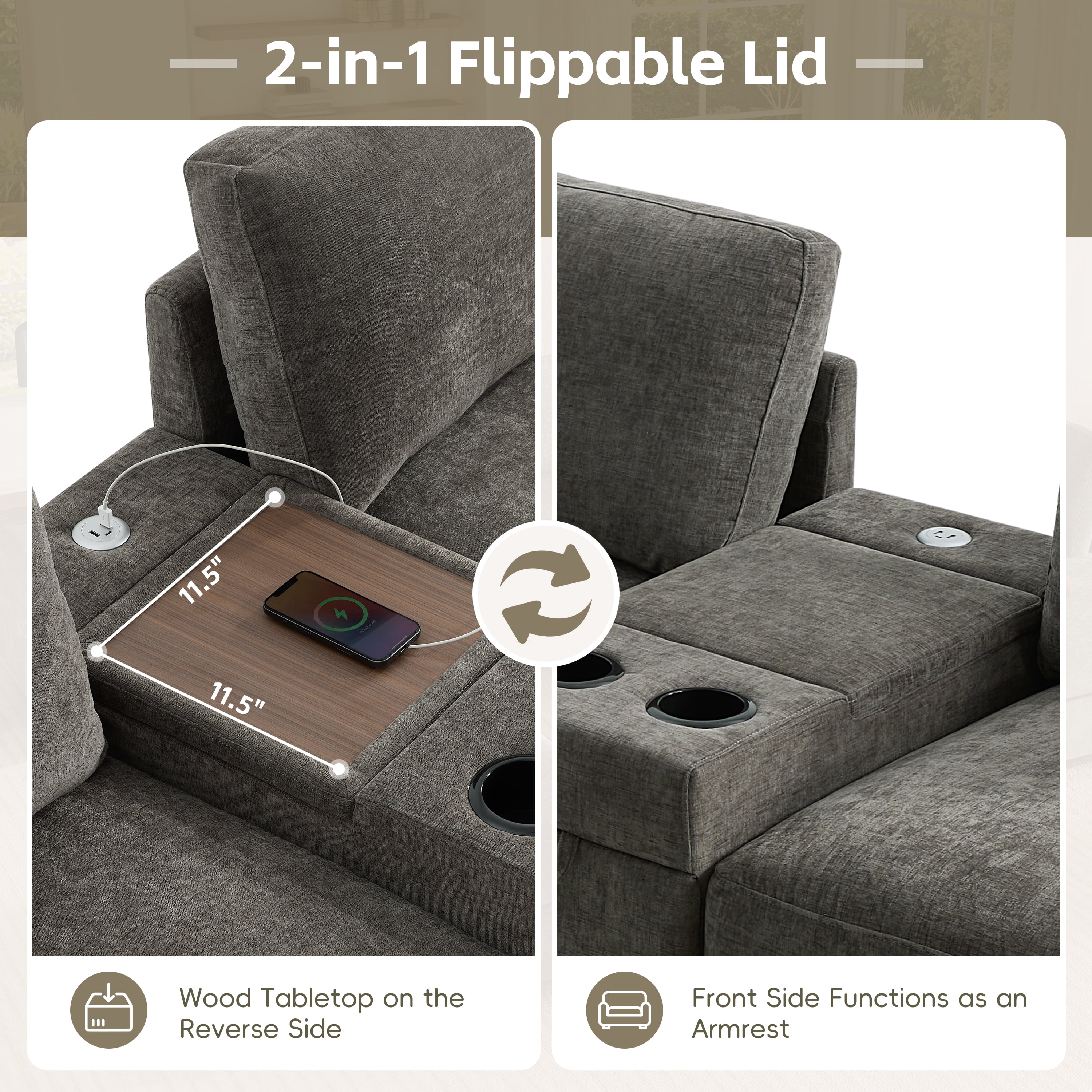 GARITIN 6 Seat U Shaped Modular Sectional Sofa 118 Inch, Oversized Chenille Couch with Ottoman and Storage Console with USB Charging, Gray
