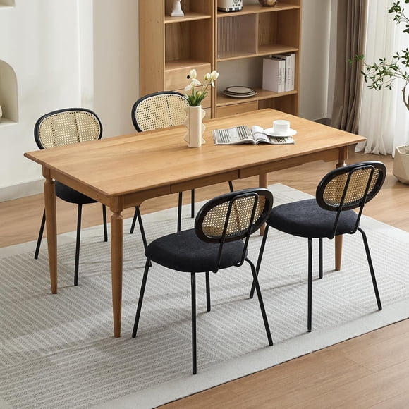 Set of 4 Mid-Century Velvet Dining Chairs with Rattan Back Metal Legs Ergonomic Comfort for Kitchen and Dining Room Black