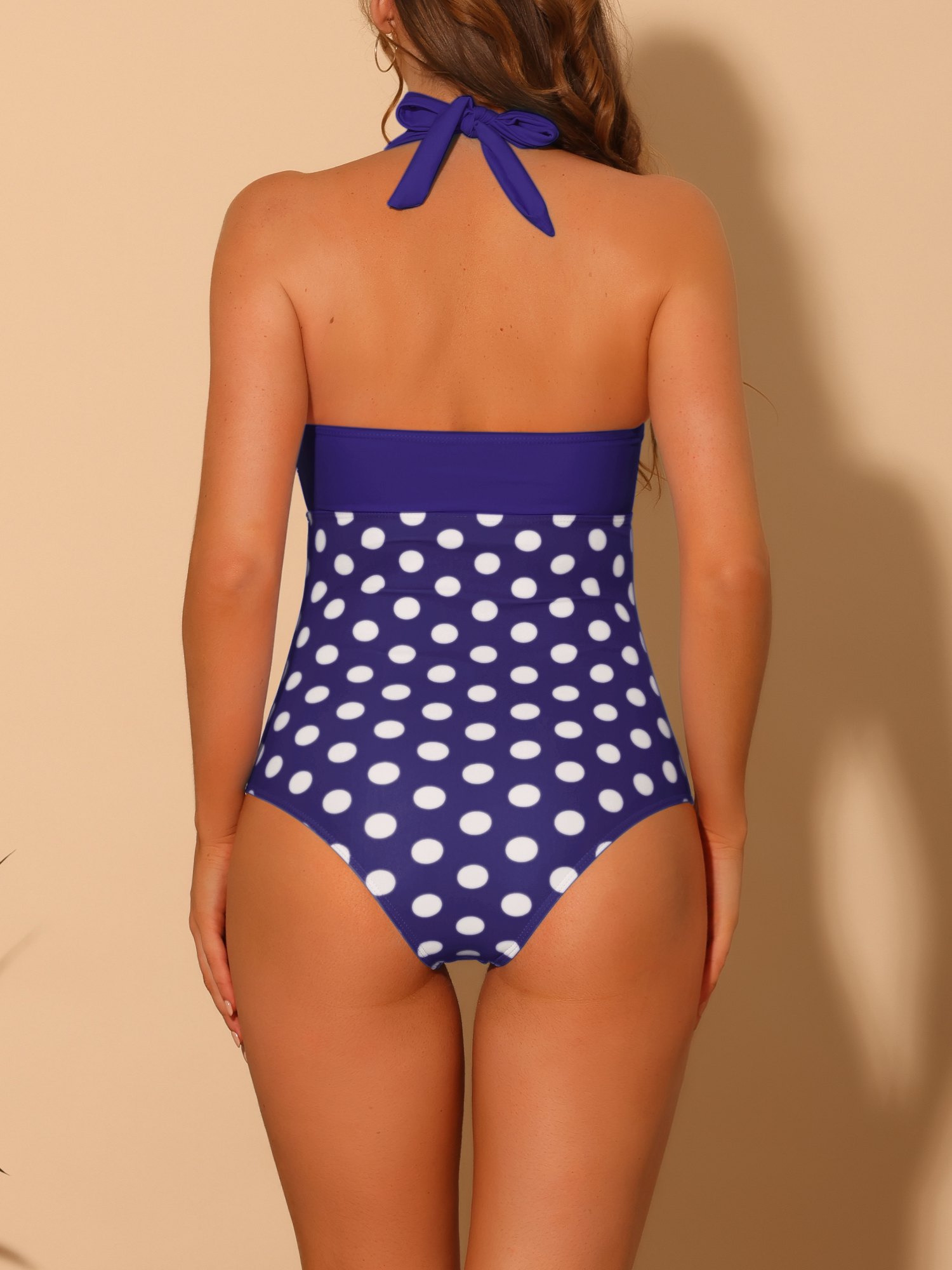 DARING DIVA Halterneck Polka Dot Tummy Control Swimsuit XS Midnight-Blue