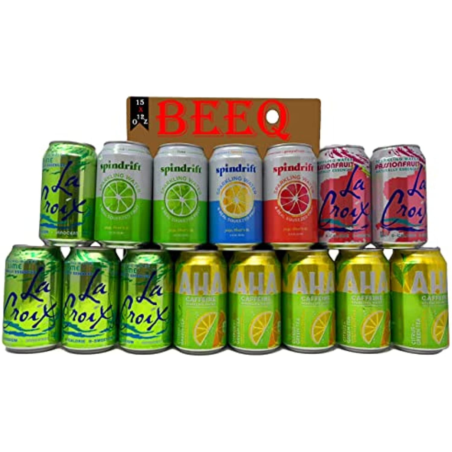 Beeq Box Variety Sparkling Water|3 Different Brands| 5 Different Flavors|Citrus + Green Tea Flavored Water, Lime, Passionfruit,Grapefruit, Lemon|Unsweetened, No Added Sugar, Gluten-Free, Non-Gmo