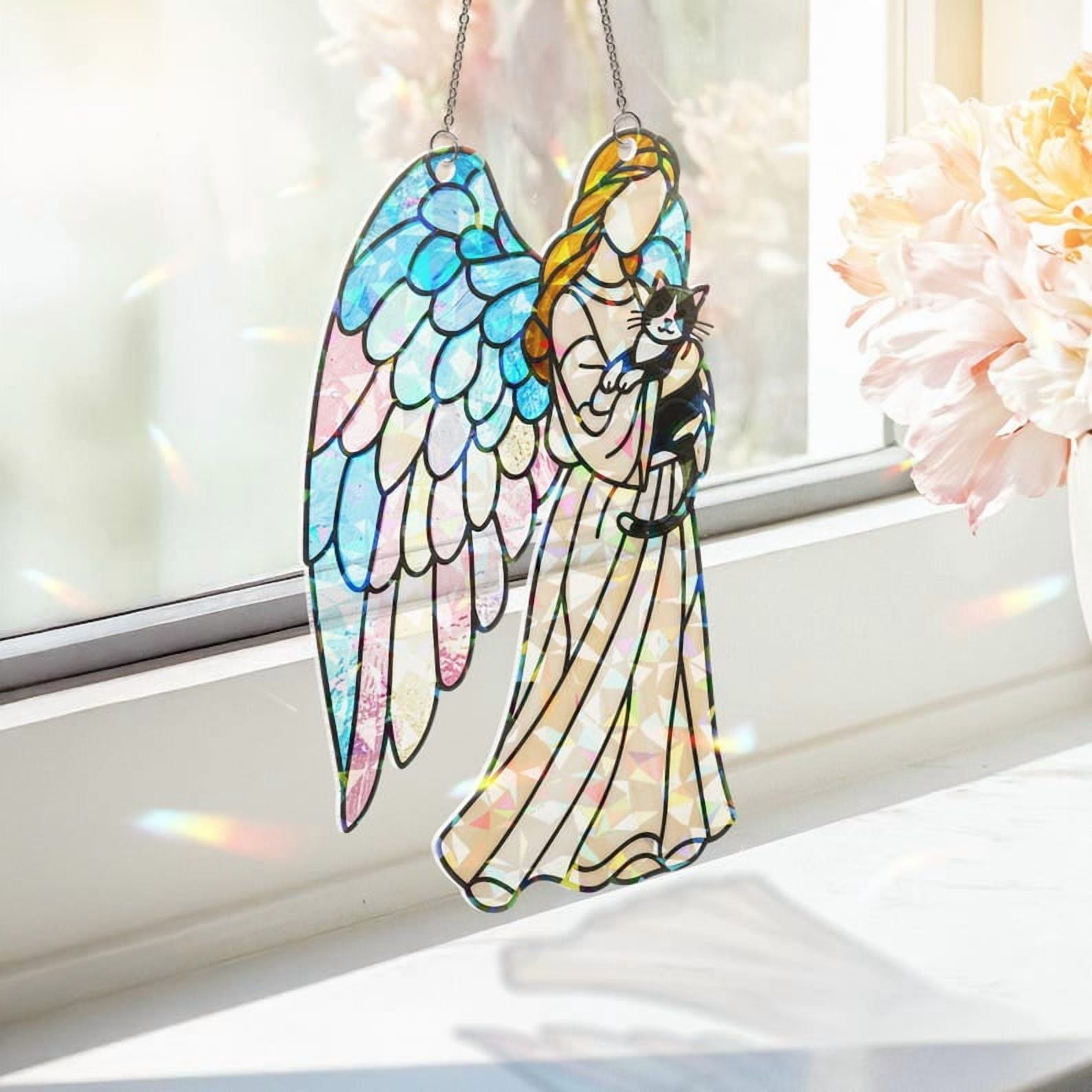 ViciArt Guardian Angel with Tuxedo Cat Acrylic Suncatcher, 4” Holographic Window Hanging, Pet Memorial Decor