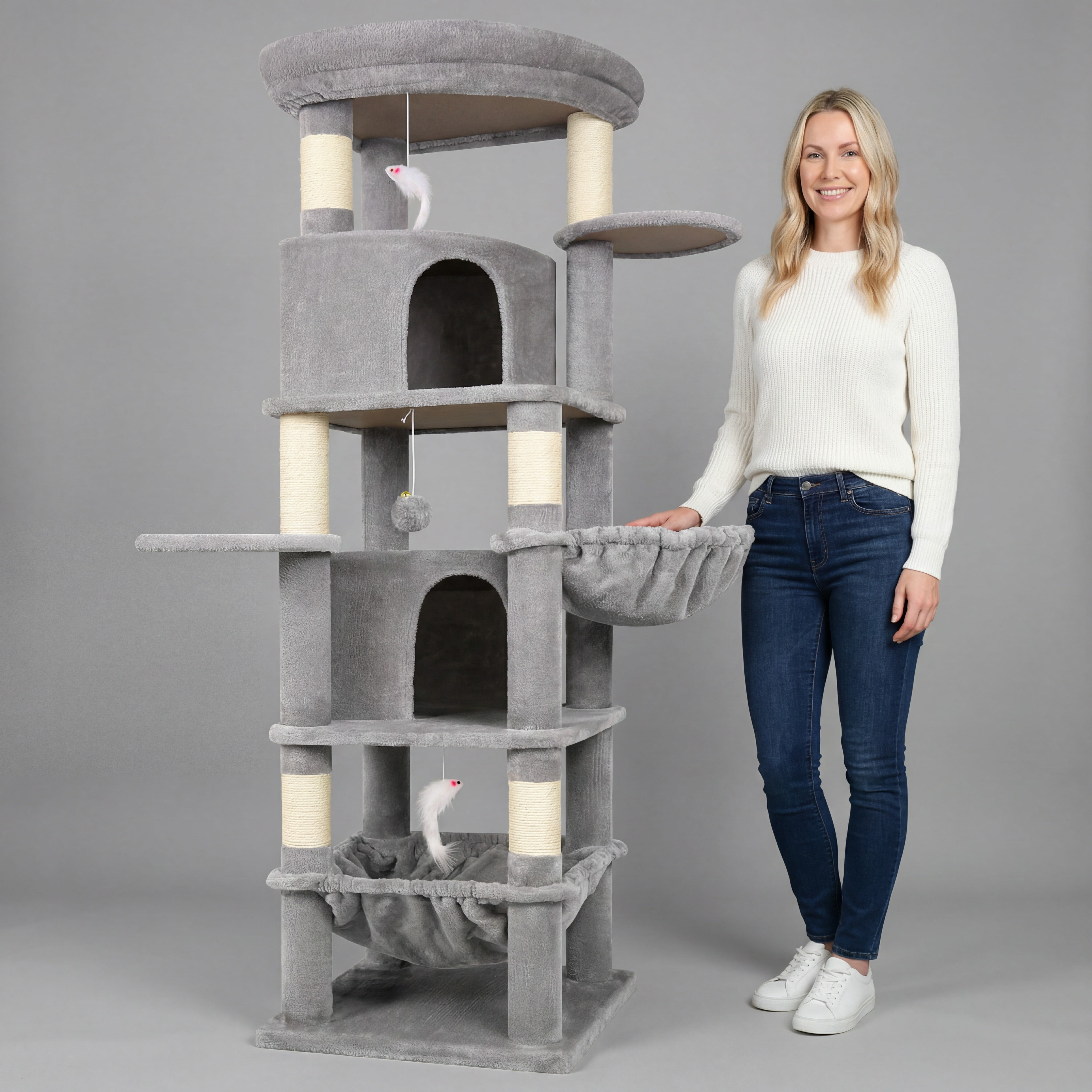 Globlazer 68" XL Corner Cat Tree Tower Condo for Large Cats - 6 Sisal Scratching Posts, 2 Condos, Hammock & Hanging Basket, Light Grey