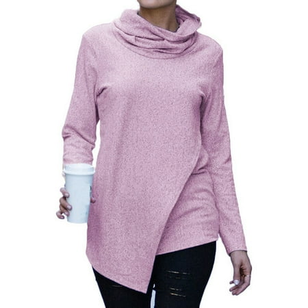 Women Turtle Neck Casual Loose Long Sleeve Blouse Flannel T-Shirt Tops Autumn