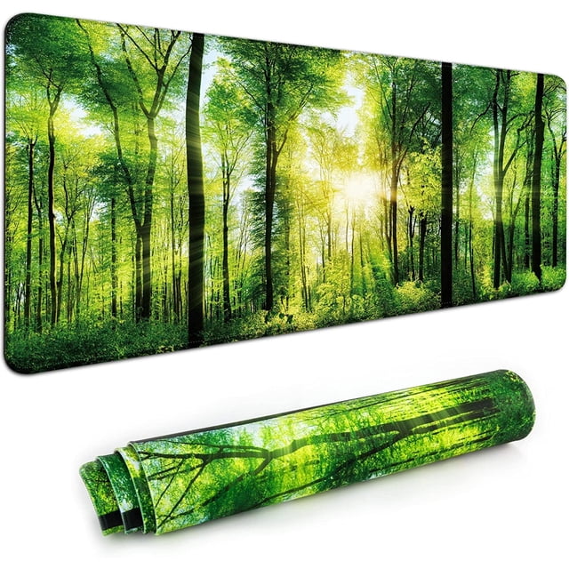 Desk Mat,Large Mouse Pad 35''''×15.6''''×0.12'''' XXL Extended Gaming Mouse Pad Mat with Non-Slip Base Stitched Eges Mousepad for Computer,Office,Keyboard and Laptop - Green Forest