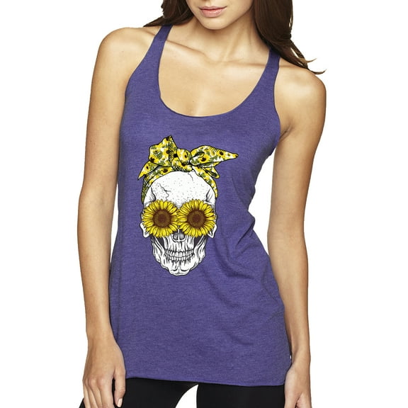 Skull Sunflower Skeleton Bandana Inspirational/Christian Tri-Blend Racerback Tank Top, Purple Rush, Small