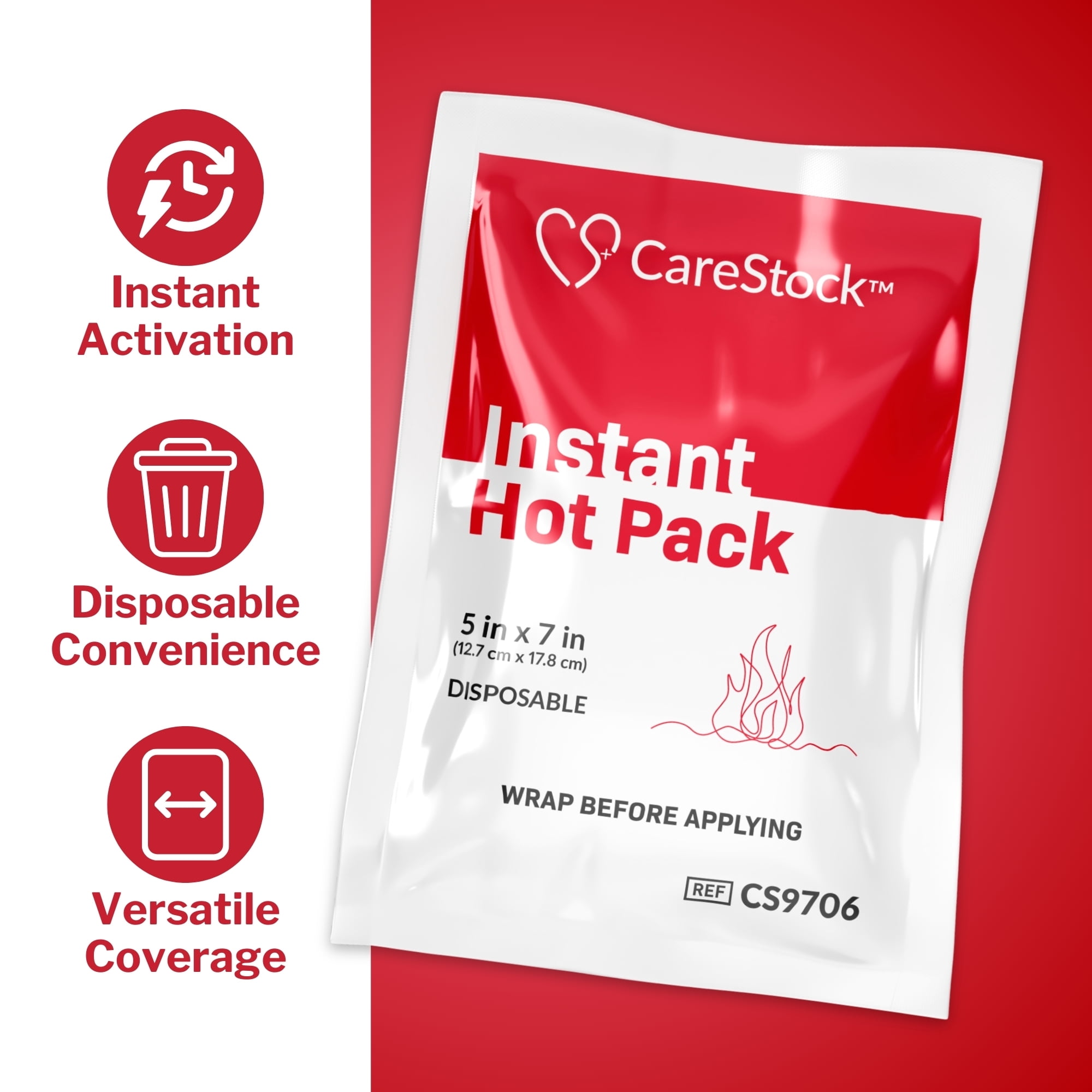 CareStock Instant Hot Pack, Disposable, 5 in. x 7 in., 1 Count, 24 Packs, 24 Total