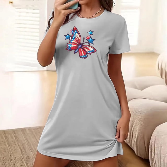 Weiqiqre Pyjama d'Été pour Femmes Ensemble Imprimé Cœur Manches Courtes Col Rond Chemises de Nuit Nuisette Robe de Nuit