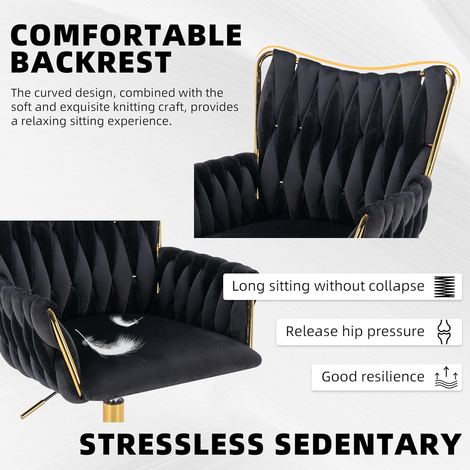 Westice Velvet Desk Chair, Home Office Gold Comfy Chair with Hand Woven High Back, Height Adjustable Swivel Chair with Comfy Upholster for Makeup Vanity Living Room Bedroom, Black