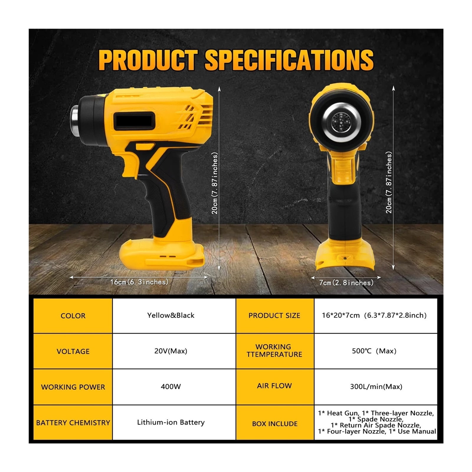 400W Cordless Heat Gun for 20V Battery 500°C Cordless Handheld Hot Air Gun with 4 Nozzles for DIY Crafts (No Battery) ,Variable Temperature