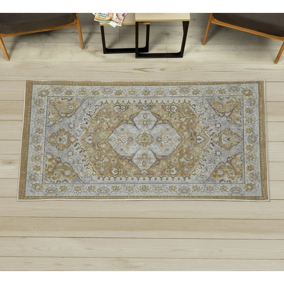 Vintage Decorative Rug, Pastel Curlicue Floral Motif in Warm Summer Tones Nostalgic Romance, Quality Carpet for Bedroom Dorm and Living Room, 6 Sizes, Mustard and Pale Taupe, by Ambesonne