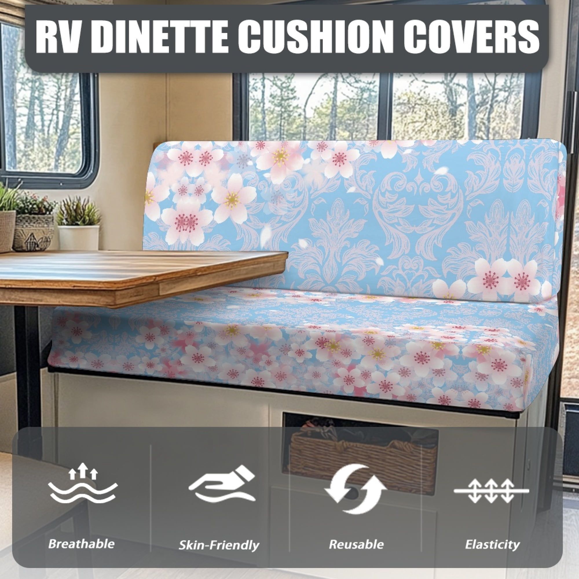 Yuyamidu Cherry Blossom RV Dinette Cushion Covers 2 PCS Stretch Camper Cushion Slipcover Include 1 Bench Cover 1 Backrest Cover Blue RV Accessories Decoration