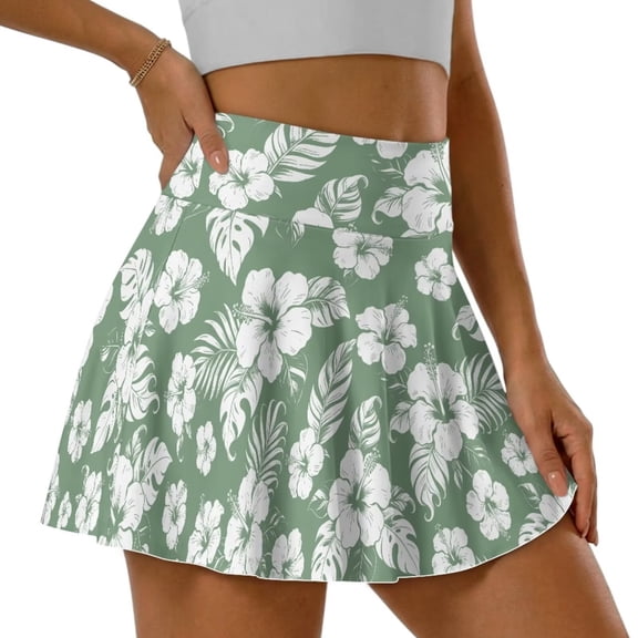 SEANATIVE Women's High Waist Tennis Skirt with 2 Pockets Built-in Shorts Lightweight Pleated Skirts Stretchy Fabric Skort for Golf Pickleball Running Casual, L, Hibiscus Flower Green