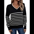 thumbnail image 1 of Suéter de Punto para Mujer, Informal, con Cuello en V, Estampado A Rayas, Holgado, de Larga Negro XL, 1 of 9