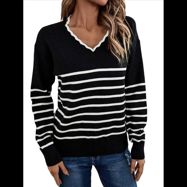 Suéter de Punto para Mujer, Informal, con Cuello en V, Estampado A Rayas, Holgado, de Larga Negro XL