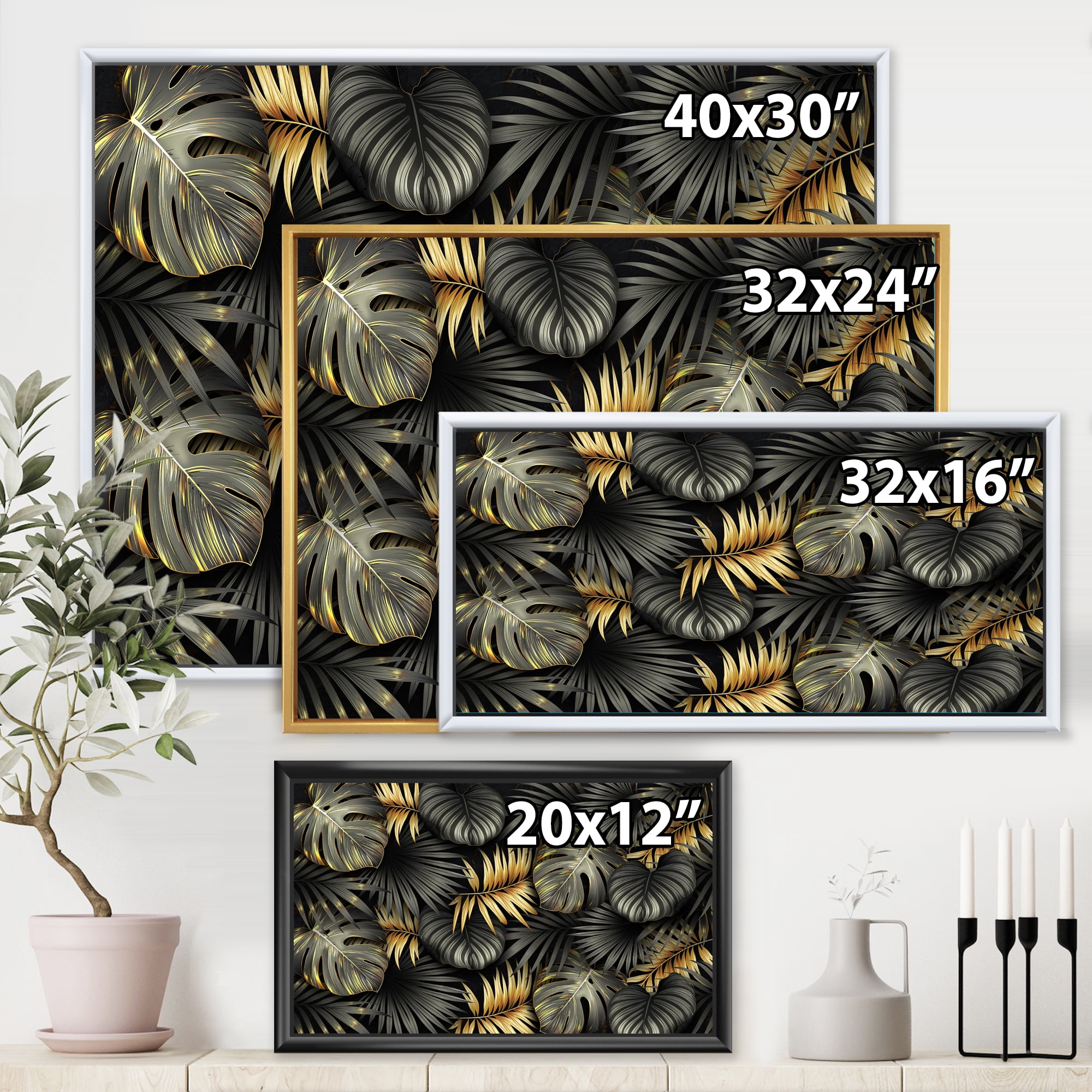 Designart 'Gold and Black Tropical Leaves II' Modern Framed Canvas Wall Art Print