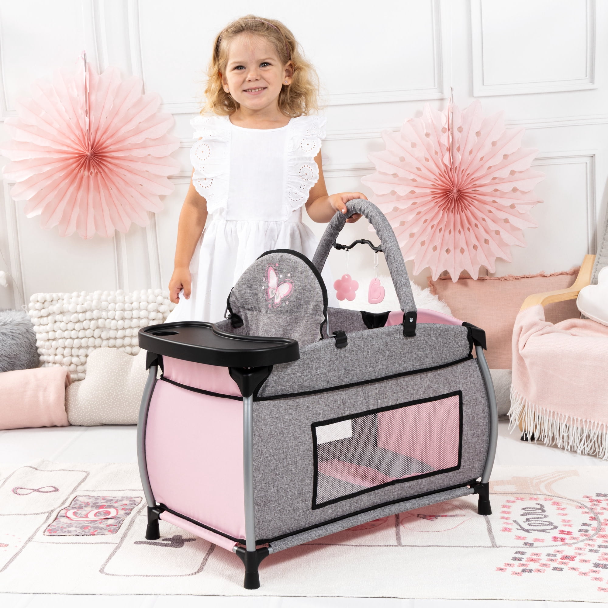 Bayer Design: Doll Multi-Bed - Grey-Pink-Butterfly - Sleep Playpen, Built-In Feeding Highchair, Pillow-Blanket, Care Center Fits 18" Dolls, Kids 3+