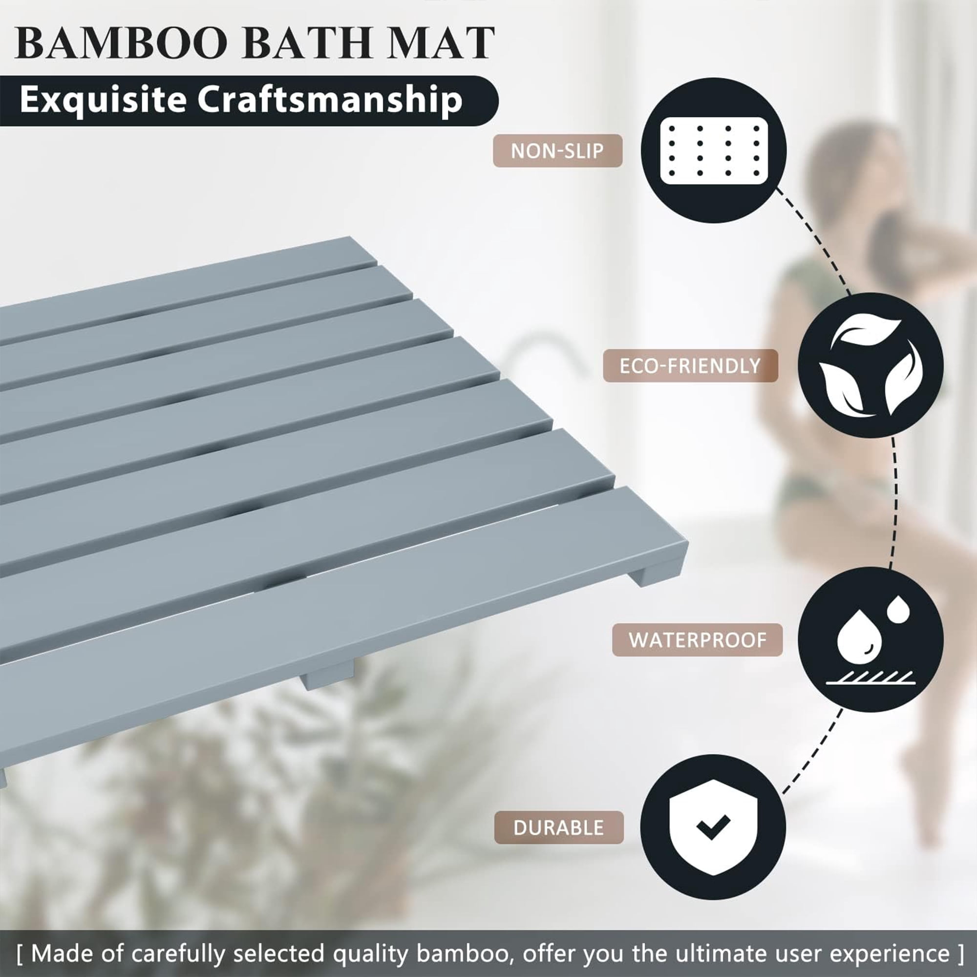 Bambloom Bamboo Shower Mat,Anti Slip Large Bathtub Mat,31x18in,Gray