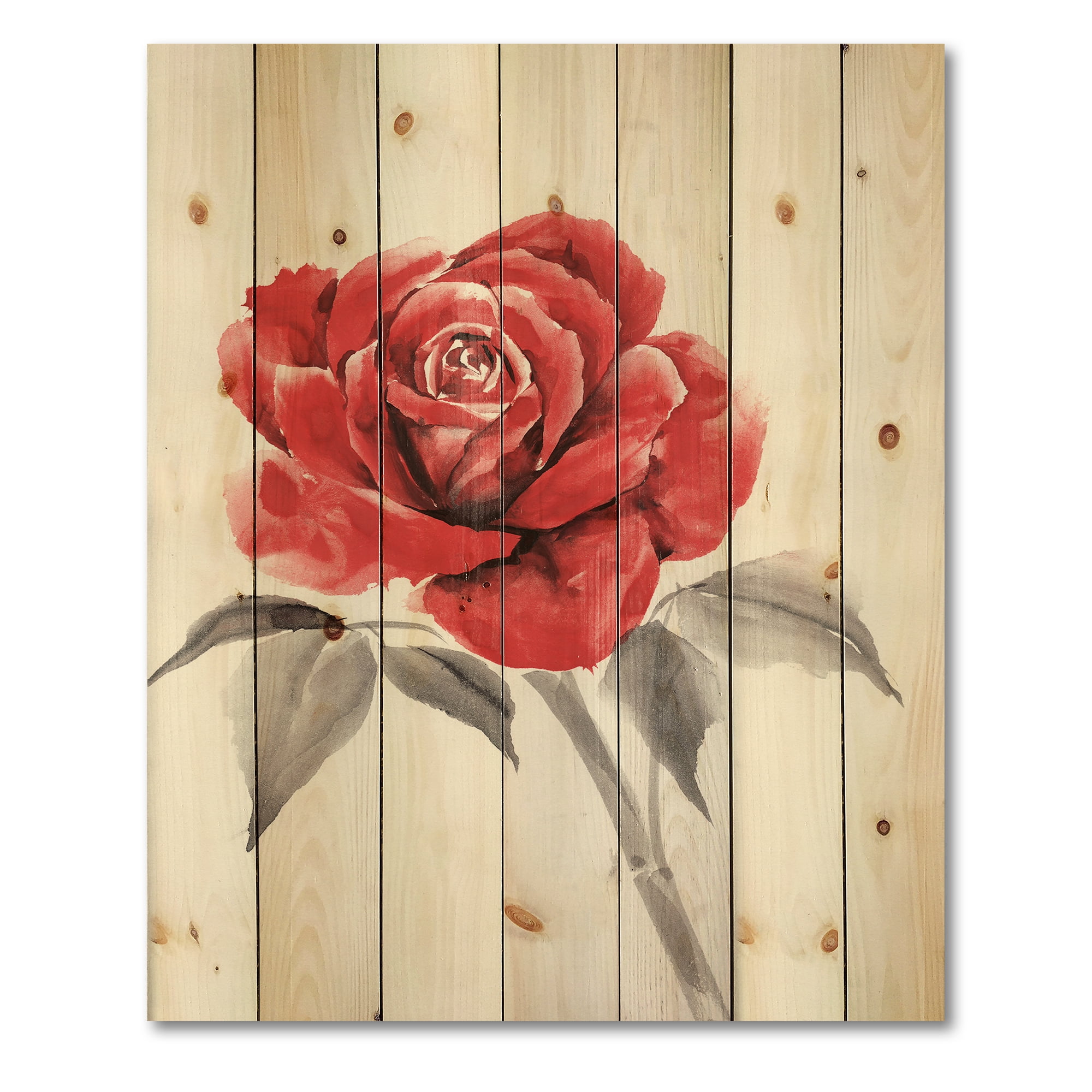 Designart 'Ancient Red Rose Flower I' Traditional Print on Natural Pine Wood