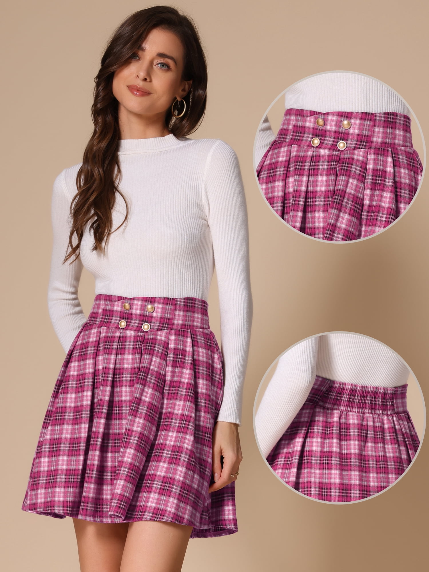DARING DIVA Women's Plaid Tartan A-Line Buffalo Pleated Skirts L Pink White
