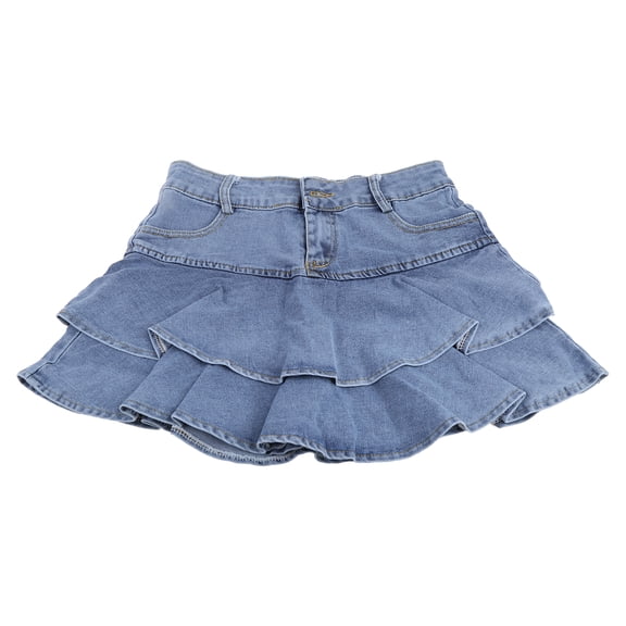 OOKWE Women High Waist A-Line Mini Cake Jeans Skirt Vintage Washed Pleated Ruffles Layered Tiered Casual Slim Denim Streetwear