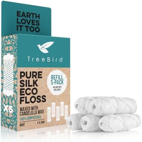 Pure Silk Eco Floss Refills | Pack of 5 x 33yd Silk Dental Floss Spools | Waxed with Candelilla Wax | Mint