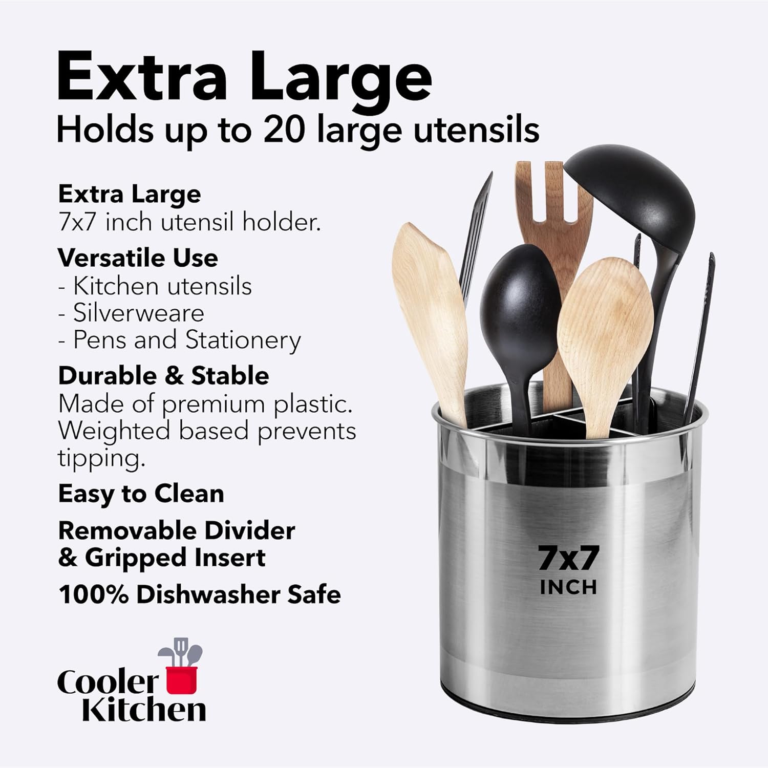 Extra Large Rotating Stainless Steel Utensil Holder with Weighted Base, Removable Divider and Non-Slip Insert