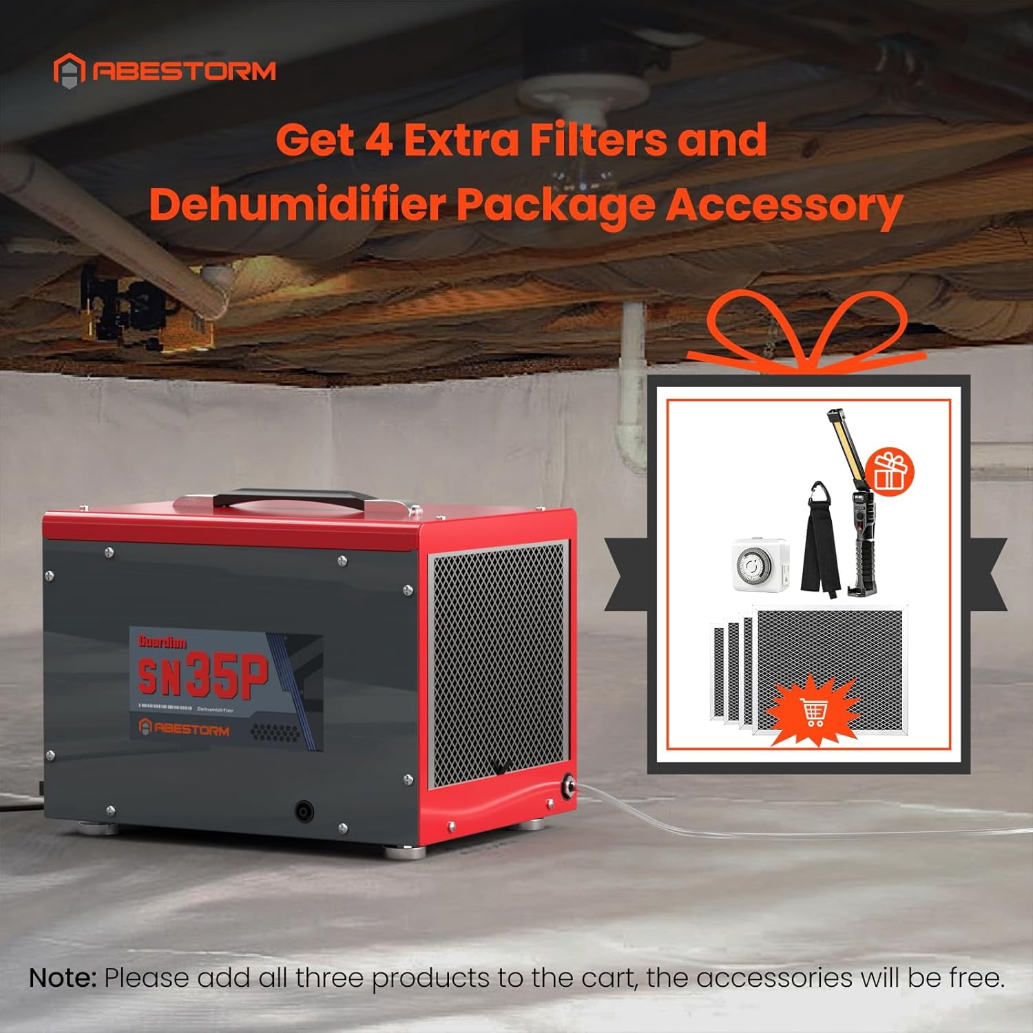 Abestorm Crawl Space Dehumidifiers with Pump and Hose, 70 PPD Compact Portable Commercial Dehumidifier Up to 1,000 sq. ft. Auto Defrost, Memory Starting Crawlspace dehumidifiers