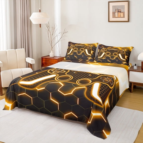 Erosebridal Orange Gamepad Sheet Set Twin,Honeycomb Hexagon Bedding Sets Twin Size,Teens Bedroom Decor,Breathable,3pcs