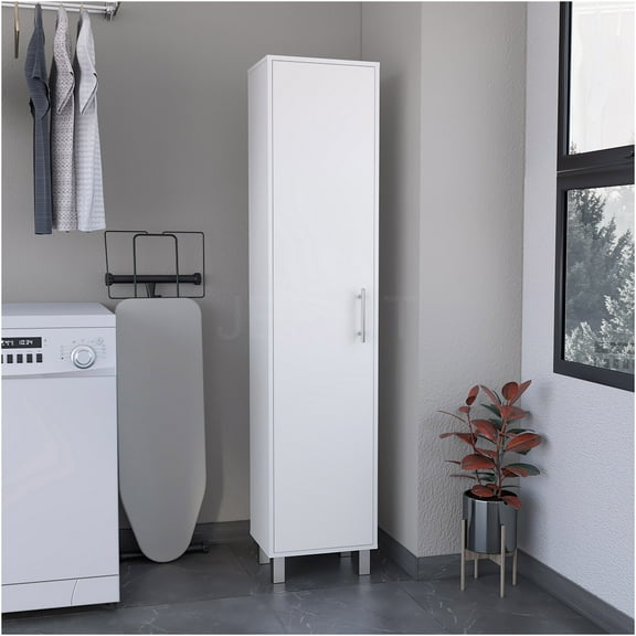 JERFIT 70 Inch Tall White Freestanding Storage Cabinet, Broom Closet Organizer with Hangers & 5 Adjustable Shelves for Kitchen, Bathroom, Laundry Room