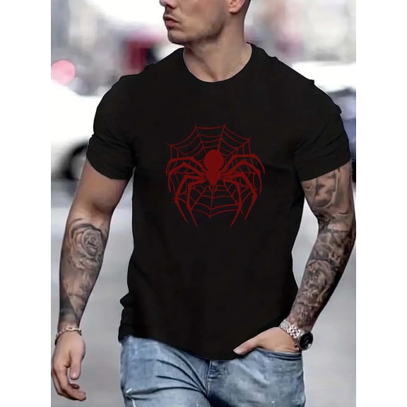 Men's 100% polyester black crew neck short-sleeved T-shirt with spider print. Trendy and casual patterned top.