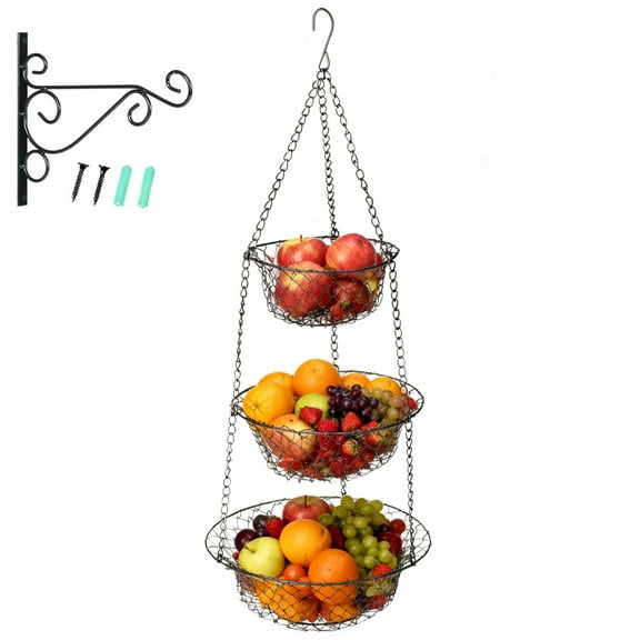 RYLZX Black 3-Tier Kitchen Hanging Fruit Baskets, 31.5 Inches Hanging Vegetable Produce Basket Organizer (Including Installation Bracket)