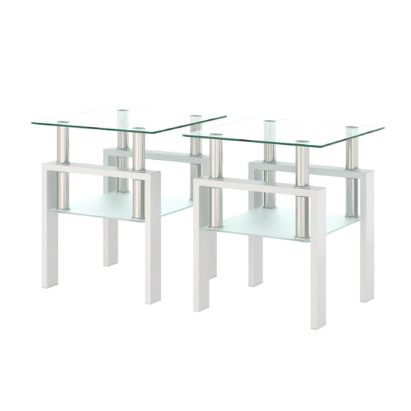 Newboti Furniture Set of 2, Modern Tempered Glass Tea Table Coffee Table End Table, Square Table for Living Room, Transparent/White 09215