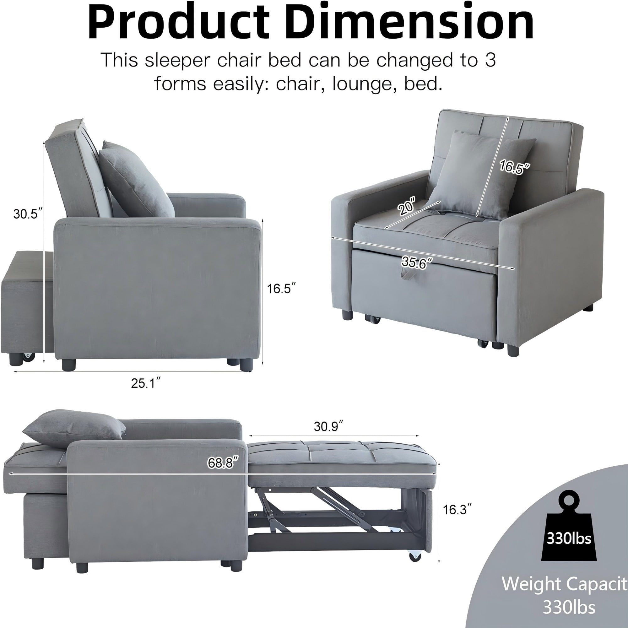 BSHTI 35.6" Cotton Linen Fabric Convertible Sleeper Chair Bed with 3-Level Adjustable Backrest, Pull-Out Design, 1 Pillow for Living Room(Light Gray)
